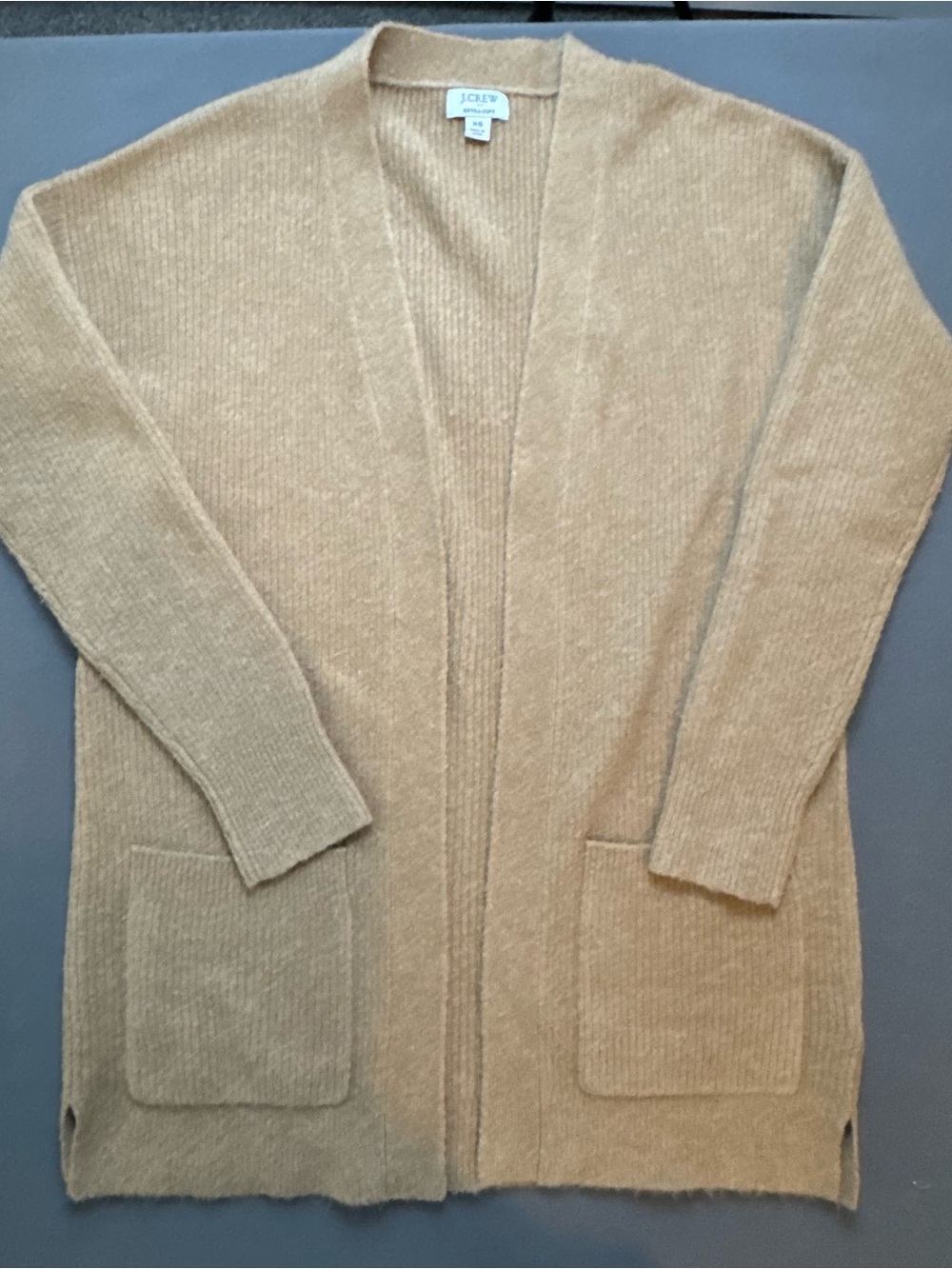 J. Crew Women's Camel Open-Front Pocket Cardigan Long Sleeve Size XS Cotton Blnd